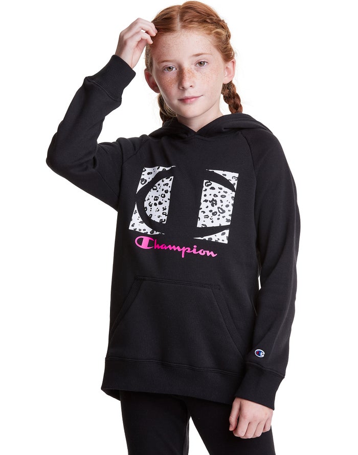 Champion Hoodie Meisjes - Zwart - Fleece Raglan Leopard Knockout Logo ( 837960-UBA )